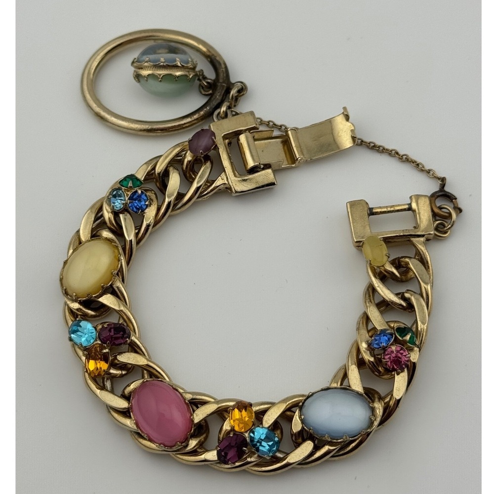 Vintage Kafin New York Cabochon Curb Chain Bracelet Gold Tone